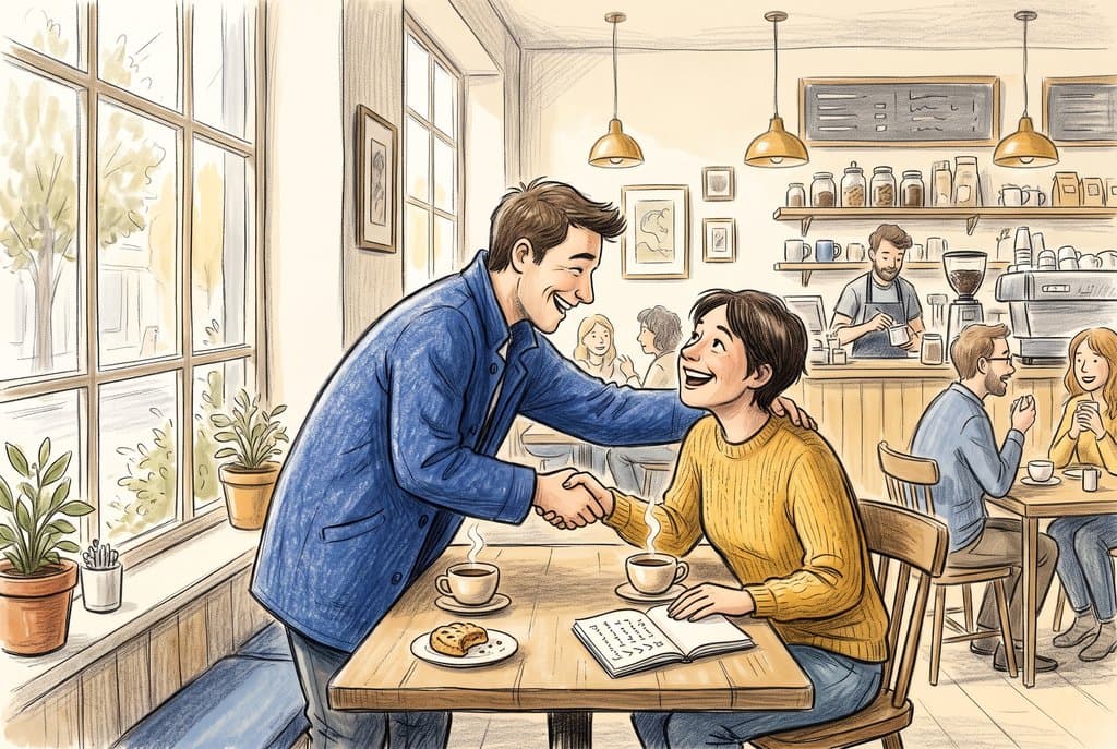 Two old friends reuniting with a warm handshake over coffee at a café table by a window, a notebook of names open between them