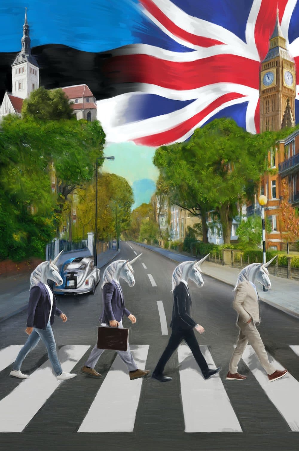 Four unicorns in suits walking across a zebra crossing, with the Estonian and British flags, Tallinn's skyline and Big Ben behind them